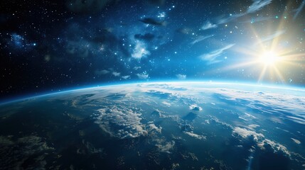 Fototapeta premium International Day for the Preservation of the Ozone Layer. view of Earth from space showing the ozone layer as a subtle blue protective shield around the planet, with sunlight filtering through the at