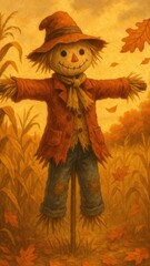 Whimsical autumn scarecrow illustration.