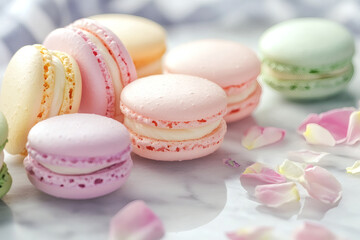 Obraz premium Pastel macarons arranged on marble slab with edible petals