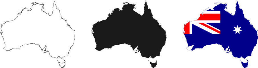 Australia map icon set. Australia map signs - outline, solid and Australian national flag