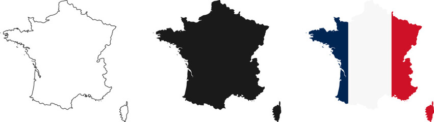 France map icon set. France map signs - outline, solid and French national flag
