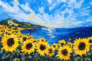 Obraz premium Vibrant sunflower field overlooking a sparkling blue ocean and mountainous coastline