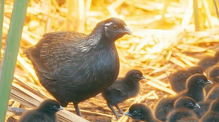 Black Hen and Adorable Chicks Exploring a Sunny Free Range Farm in the Countryside