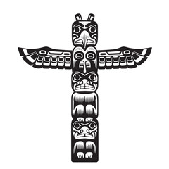 Intricately detailed black and white depiction of a traditional native american totem pole