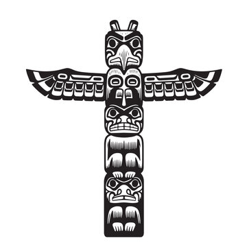 Intricately detailed black and white depiction of a traditional native american totem pole