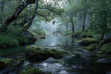 Fototapeta premium Misty forest stream scene