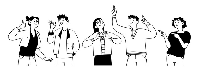 Doodle set of happy friends portraits. Diverse people showing various non verbal body language hand gestures. Vector linear isolated illustration