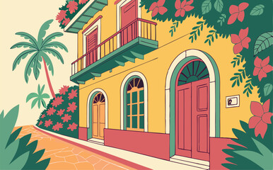 Vibrant caribbean facade with tropical flowers banner