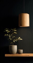 Zenith of Modern Living: A minimalistic interior design showcases a wooden lampshade suspended above a potted plant, casting a soft, warm glow. creating a serene and harmonious atmosphere.