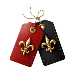 Two leather-like tags, red and black, adorned with gold fleur-de-lis emblems, are tied together by a light-brown cord