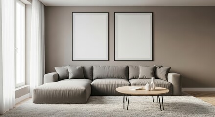 Modern living room design with a sectional sofa and two empty picture frames for art display