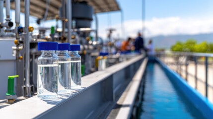 Naklejka premium Clear water bottles on a production line with workers in the background at a sunny facility