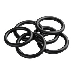 Close-up view of several black rubber rings, various sizes, clustered together