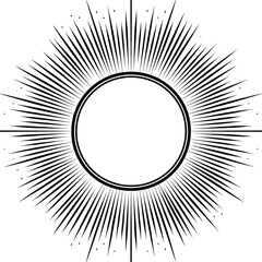 Circular frame radiating outward, composed of numerous thin, dark gray lines.  Small, multicolored dots scattered throughout the frame.  Empty circle in center