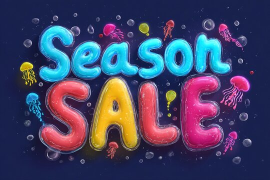 Vibrant text showcases a seasonal sale in playful colors, surrounded by colorful jellyfish and bubbles, creating an engaging aquatic atmosphere. Ideal for promotions and invitations.