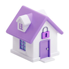 A 3D model of a small, pastel purple and white house with a lock on the door.  The house is stylized and simple, featuring a peaked roof, small windows, and a slightly elevated base