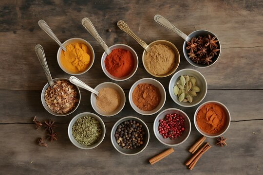 Overhead View of Assorted Spices and Seasonings in Metal Scoops and Bowls herbs culinary