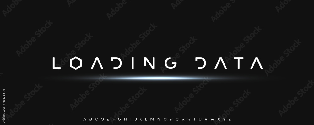 Poster loading data typographic design, futuristic banner with glowing light and hexagon font. sci-fi minim