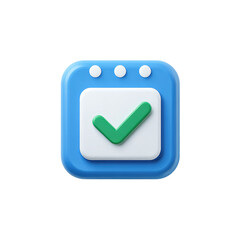 Square blue icon with a white calendar and green checkmark.  3 small white circles above the calendar.  3D style with slightly raised edges