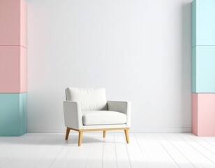 White Chair in Minimalist Cube Room with Pastel Accents