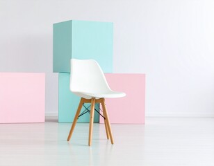 White Chair in Minimalist Cube Room with Pastel Accents