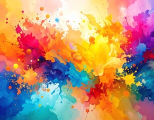 Vibrant abstract background featuring a creative explosion of colorful watercolor paint splatters and artistic gradients.