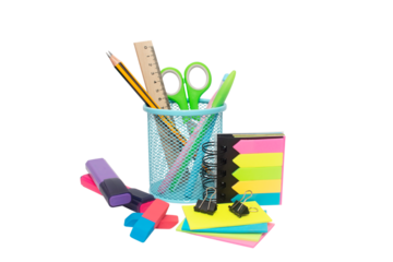 School and office supplies, pens, pencils, ruler, compass in a metal cup on a white background.