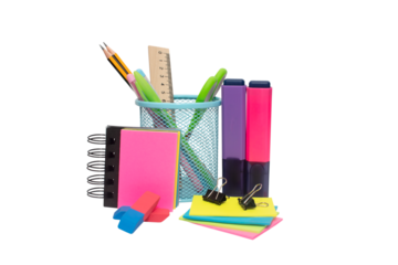 School and office supplies, pens, pencils, ruler, compass in a metal cup on a white background.