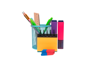 School and office supplies, pens, pencils, ruler, compass in a metal cup on a white background.