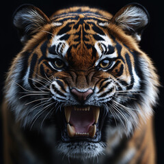 Fototapeta premium Tiger roaring with wide teeth displayed.