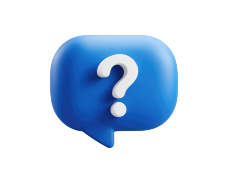 A bright, 3D rendered, vibrant blue speech bubble. A large, bold white question mark is centrally located inside