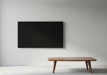 Minimalist living room interior with a sleek design, featuring a flat screen television and a simple wooden table, creating a clean and modern space for relaxation and entertainment