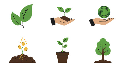 Minimalist ecology and agriculture icons leaf with globe, hand holding seedling, plant in pot, germinating seed, and tree illustration