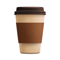 A disposable coffee cup with a brown paper sleeve