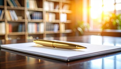 A gleaming gold pen rests gracefully on a pristine notepad amidst the backdrop of a sun-drenched library, creating an atmosphere of intellectual pursuit.