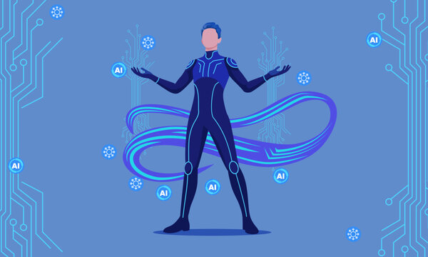 Futuristic illustration of a faceless humanoid in a high-tech suit controlling AI symbols, surrounded by digital circuits and glowing infinity loop on a blue background.