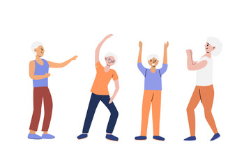 Fototapeta premium Elderly caucasian adults exercising in group with joyful movements, engaging in light aerobic fitness, stretching, and balance activities for health, energy, and social interaction.