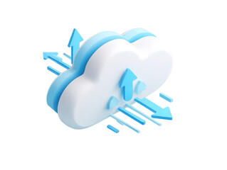 3D cloud icon with upward arrows.  A stylized cloud graphic with light-blue and white colors.  Multiple upward arrows radiate from the cloud.  Represents data transfer or cloud storage