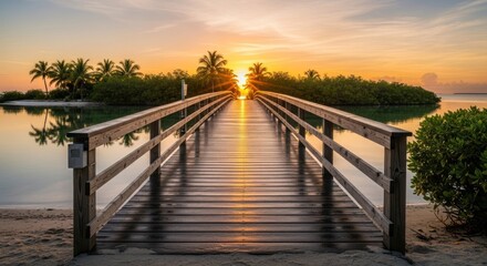 Fototapeta premium Sunrise over a tranquil wooden boardwalk leading to a small island