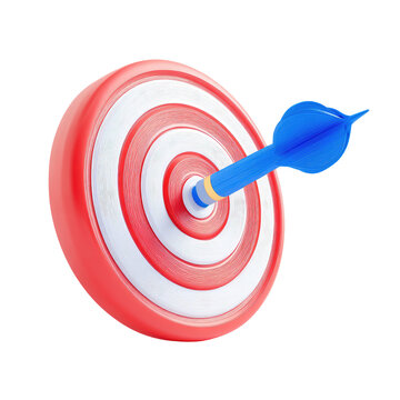 A dart embedded in the center of a red and white target.  The dart is blue and the target is angled slightly.  Focus on precision and hitting the mark