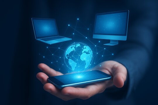 Person holding a smartphone displaying a glowing digital globe connecting to a laptop and desktop computer