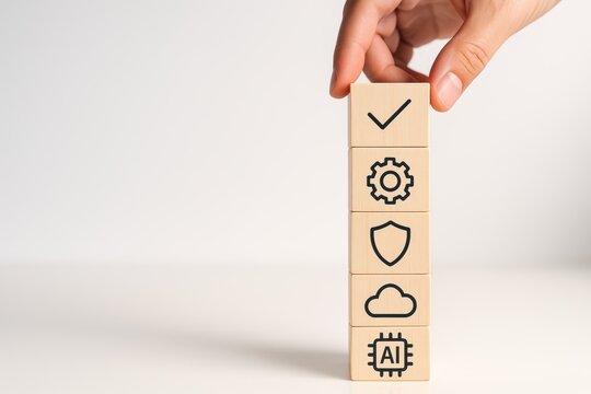 Stacking Blocks: A hand carefully places a block atop a stack of wooden cubes, each etched with a significant icon, showcasing the dynamic interplay of technology and progress.