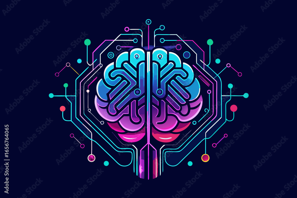 Poster vibrant digital brain circuitry pulsates with neon energy representing artificial intelligence and f