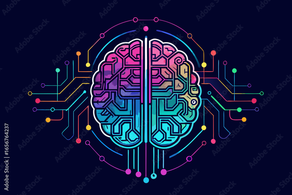Poster vibrant digital brain concept with colorful neural network connections and glowing circuits symboliz