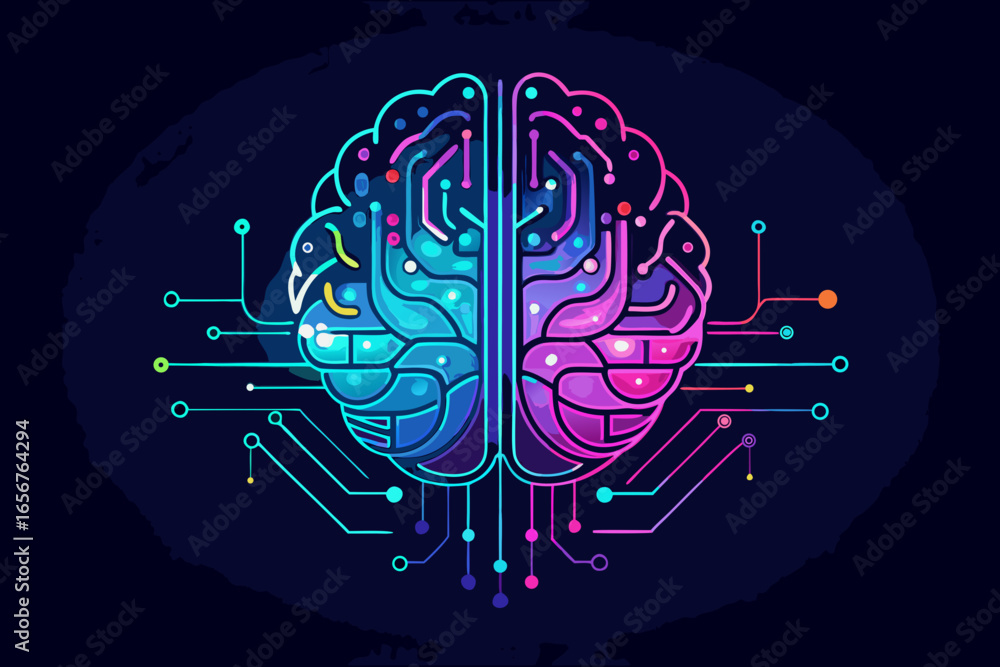 Poster vibrant digital brain illustration symbolizing artificial intelligence and neural networks glowing w