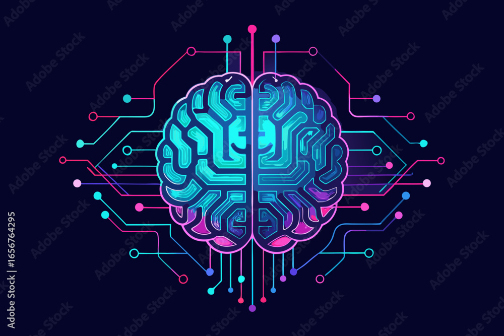 Poster illuminated cybernetic brain with vibrant neon circuits symbolizing advanced artificial intelligence