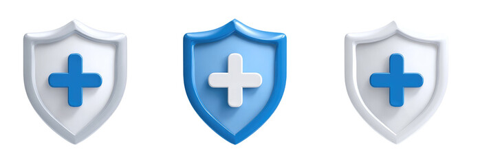 Fototapeta premium Three 3D shield icons, each with a white plus sign on a blue or white background
