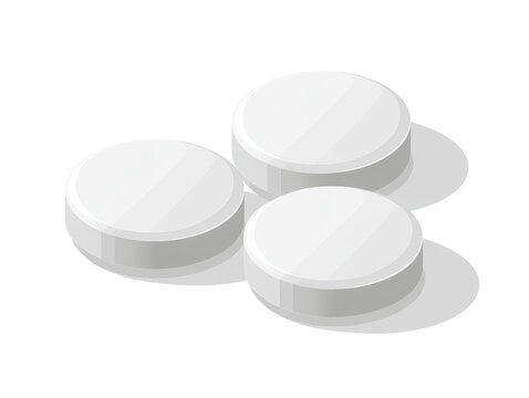 Three stacked, round, white pills or tablets,  isometric view, smooth surfaces