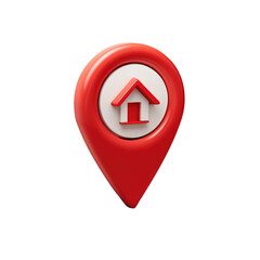 Red map pointer with a white house icon.  3D rendered, glossy, and isolated on black