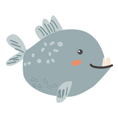 Cute cartoon fish anglerfish with smiling face and big teeth on light background.